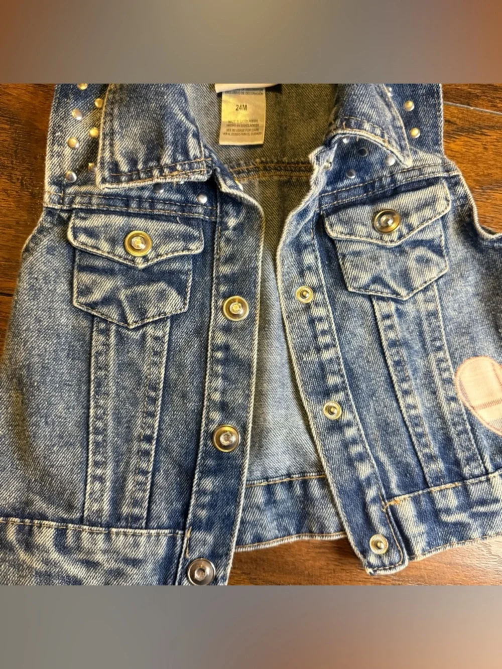 VTG Style Little Lass 24M Denim Vest Studded Acid Wash Plaid Heart Patch Boho